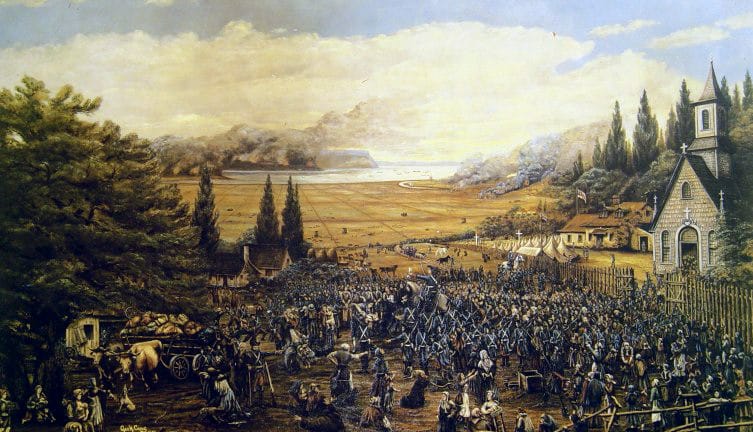 A depiction of the deportation of the Acadians from Grand-Pré in 1755. The British expelled the French-speaking Acadians from their lands and scattered them far and wide, a wrenching episode remembered as the Grand Dérangement.