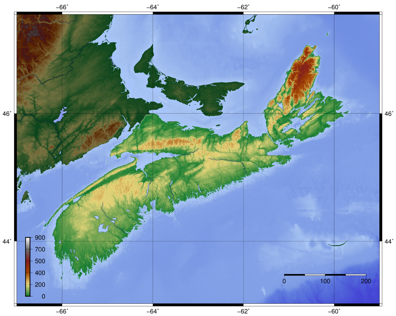A topographic map of Nova Scotia, a long peninsula and the island of Cape Breton almost surrounded by the Atlantic. No part of the province lies far from the sea.
