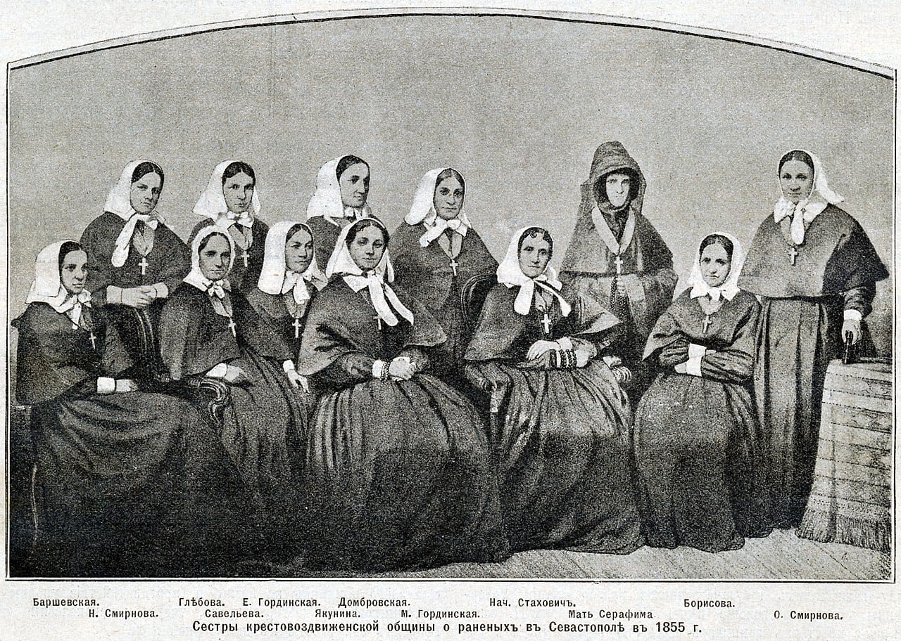 Nursing sisters in the Crimean War. Organised nursing in military hospitals is where the profession's modern institutional form began, in more than one country simultaneously.
