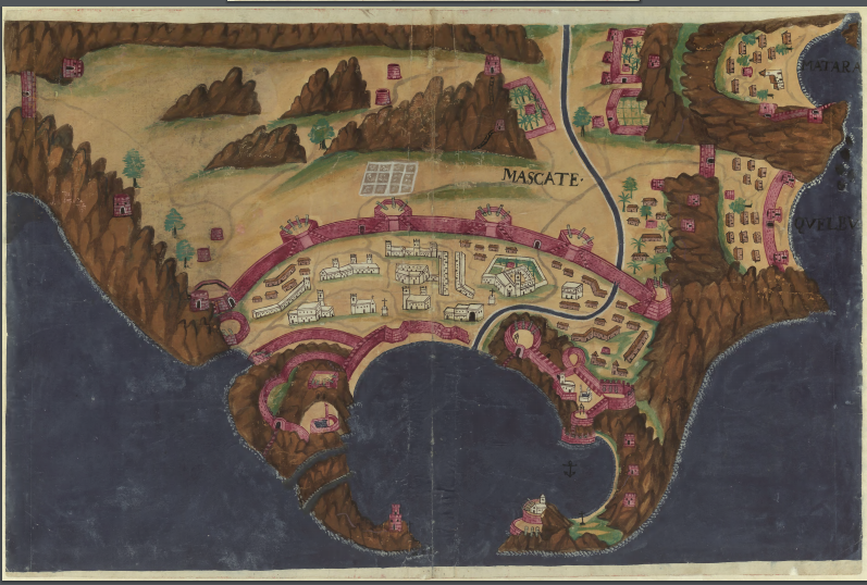 A Portuguese depiction of Muscat, which European powers seized in the sixteenth century for its command of the Gulf. The Portuguese held the port for well over a century before the Omanis expelled them.