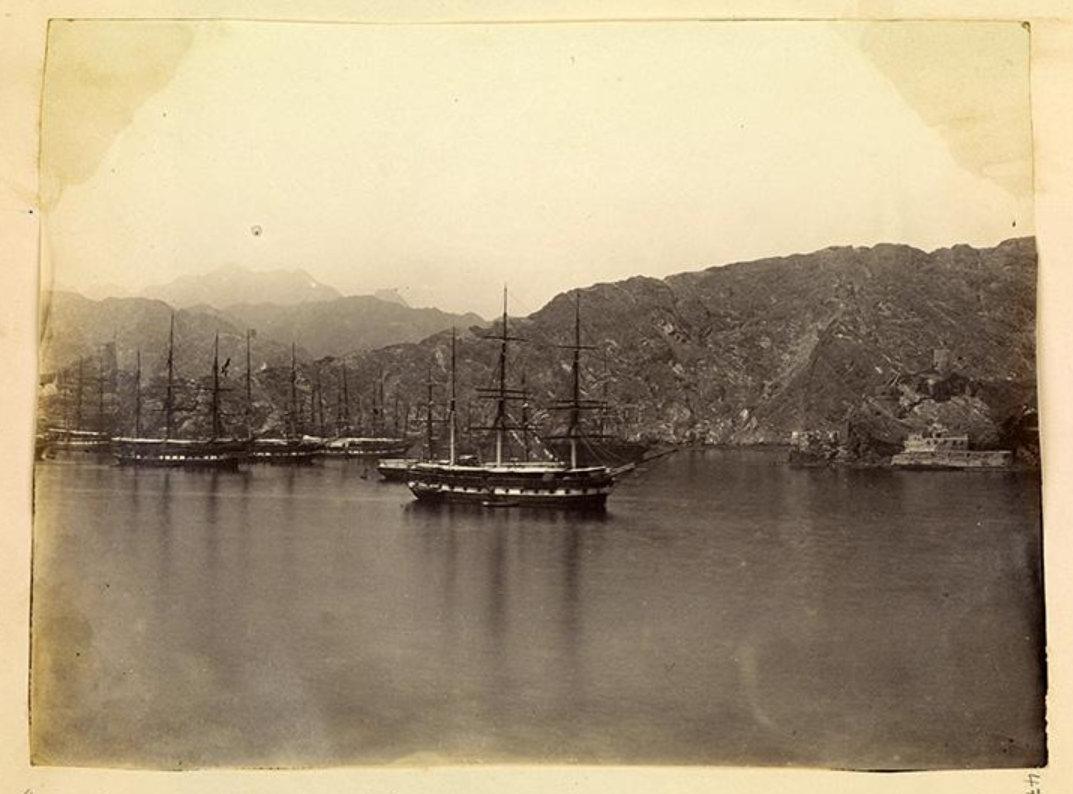 A British naval squadron in a cove at Muscat. Through the nineteenth century Oman drew close to Britain, whose sea power came to dominate the Gulf as the Omani empire declined.