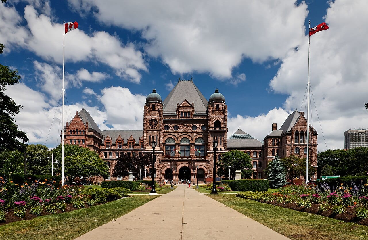 The Ontario Legislative Building at Queen's Park in Toronto, seat of the provincial parliament since 1893. Its pink sandstone halls are the centre of government for Canada's most populous province.