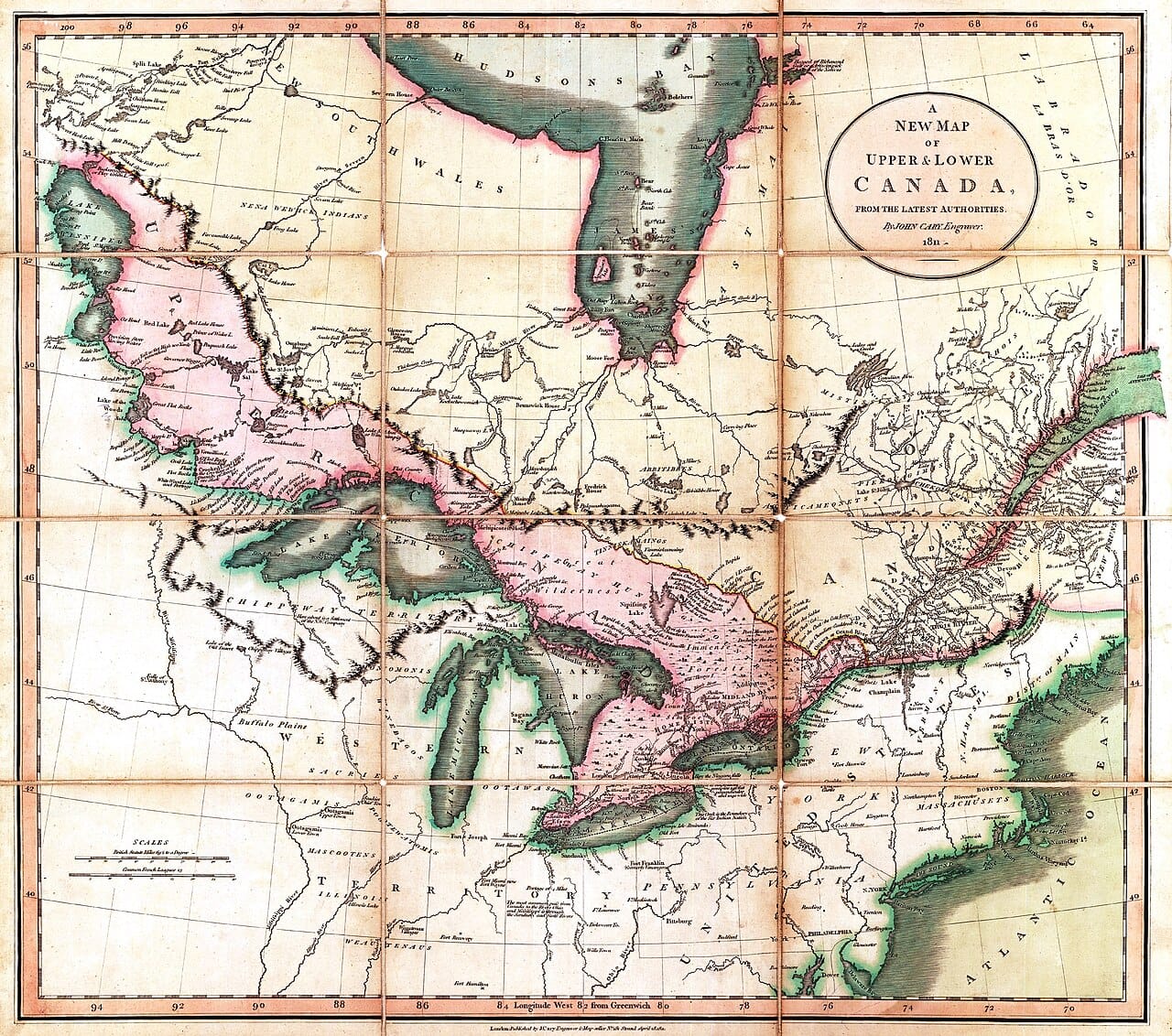 An 1811 map of Upper and Lower Canada. Upper Canada, roughly the southern part of today's Ontario, was created in 1791 as a home for the Loyalists, with its own government separate from French-speaking Lower Canada.
