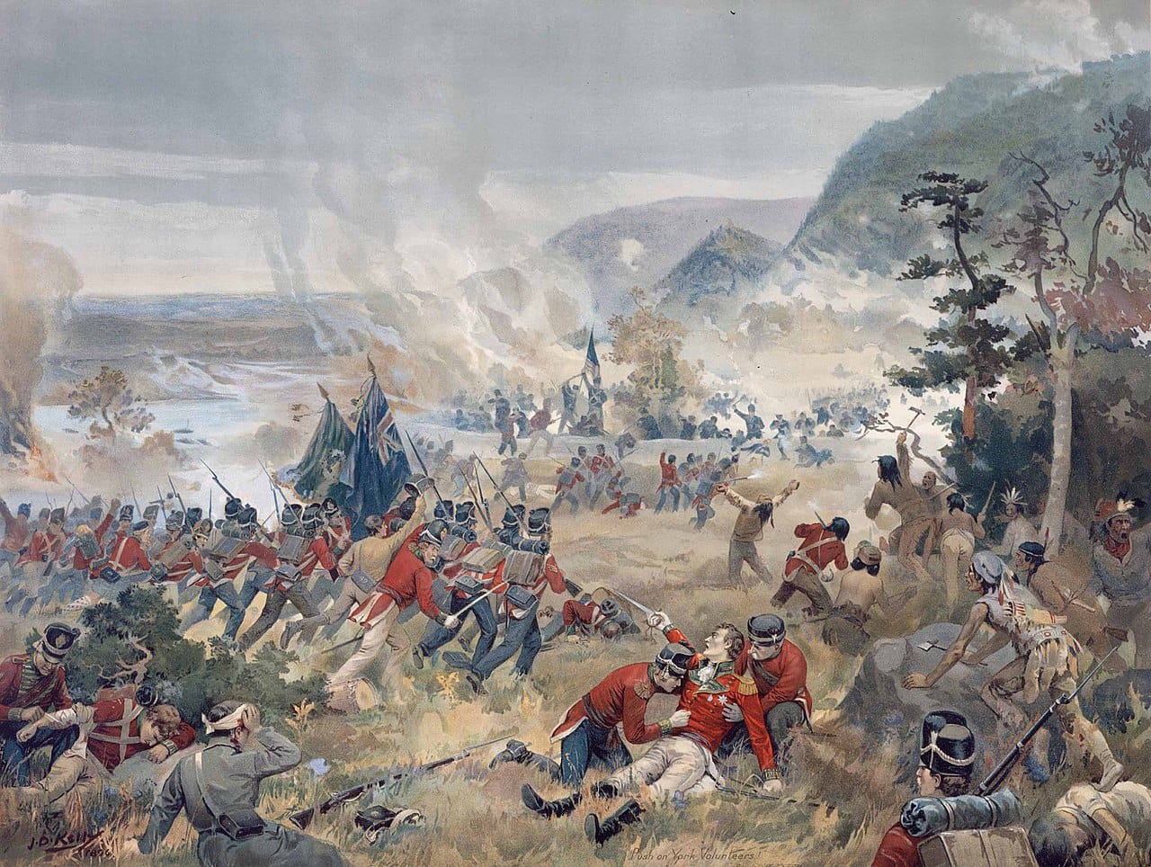 A depiction of Upper Canadian volunteers in the War of 1812, when American armies invaded the colony. The defence of the province, despite the burning of its capital York, became a lasting part of Ontario's identity.