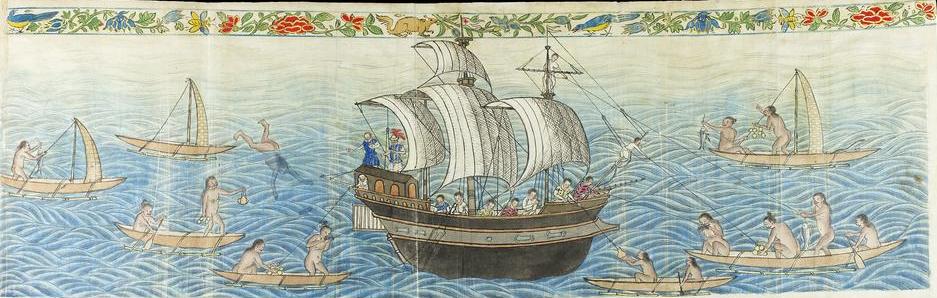 A Spanish Manila galleon among the islands of the western Pacific around 1590. Spain claimed Palau as part of the Caroline Islands, the first of four foreign powers that would rule the archipelago before independence.