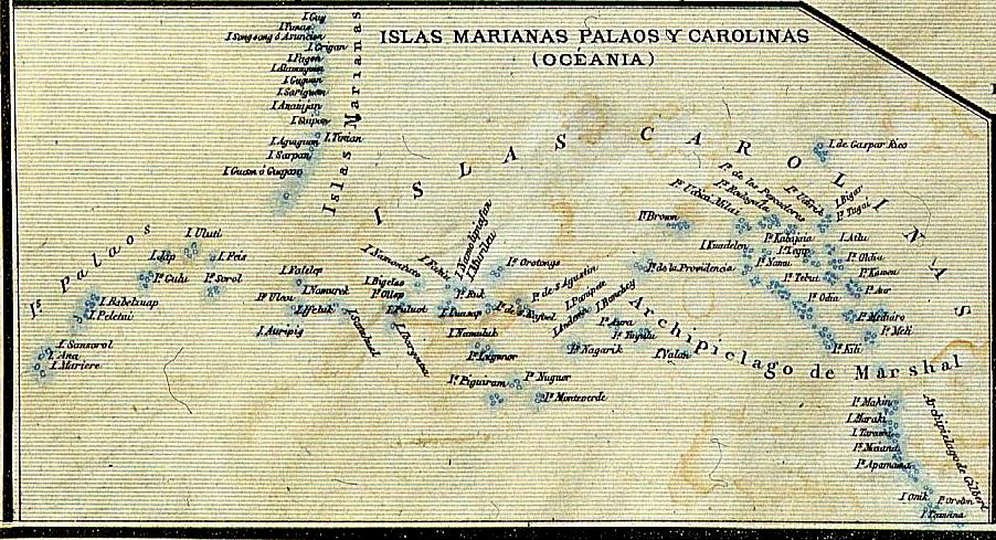 An old Spanish map of the Marianas, Palau, and Caroline Islands. For centuries these scattered western Pacific archipelagos were governed, at least on paper, from distant colonial capitals.