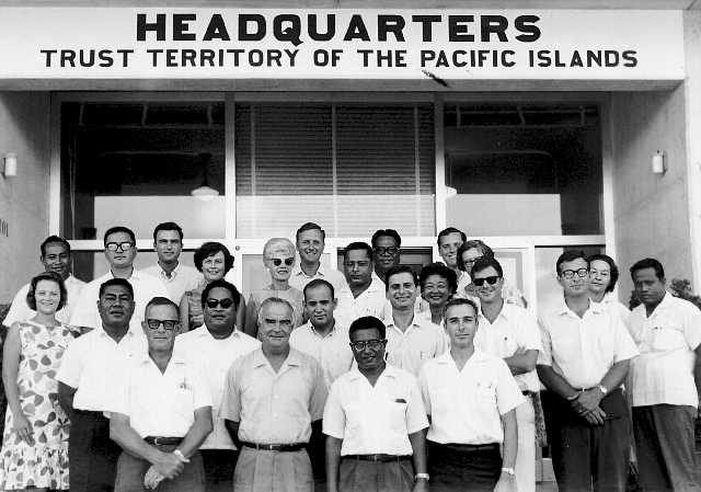 The United States High Commissioner and staff of the Trust Territory of the Pacific Islands in the 1960s. Palau was governed by the United States after the war and was the last part of the trust territory to become independent, in 1994.