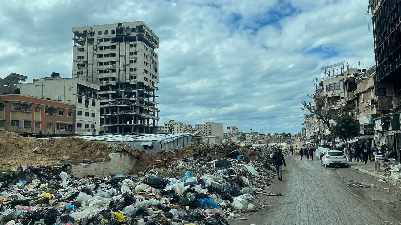 Gaza during the war that followed the attacks of 7 October 2023, photographed by the Gazan journalist Jaber Badwan. Most of the territory's population was displaced repeatedly and much of its housing and infrastructure destroyed before the ceasefire agreed in October 2025.