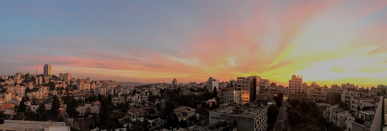 Ramallah at sunset. The West Bank town became the effective administrative capital of the Palestinian Authority, though the State of Palestine claims East Jerusalem as its capital.