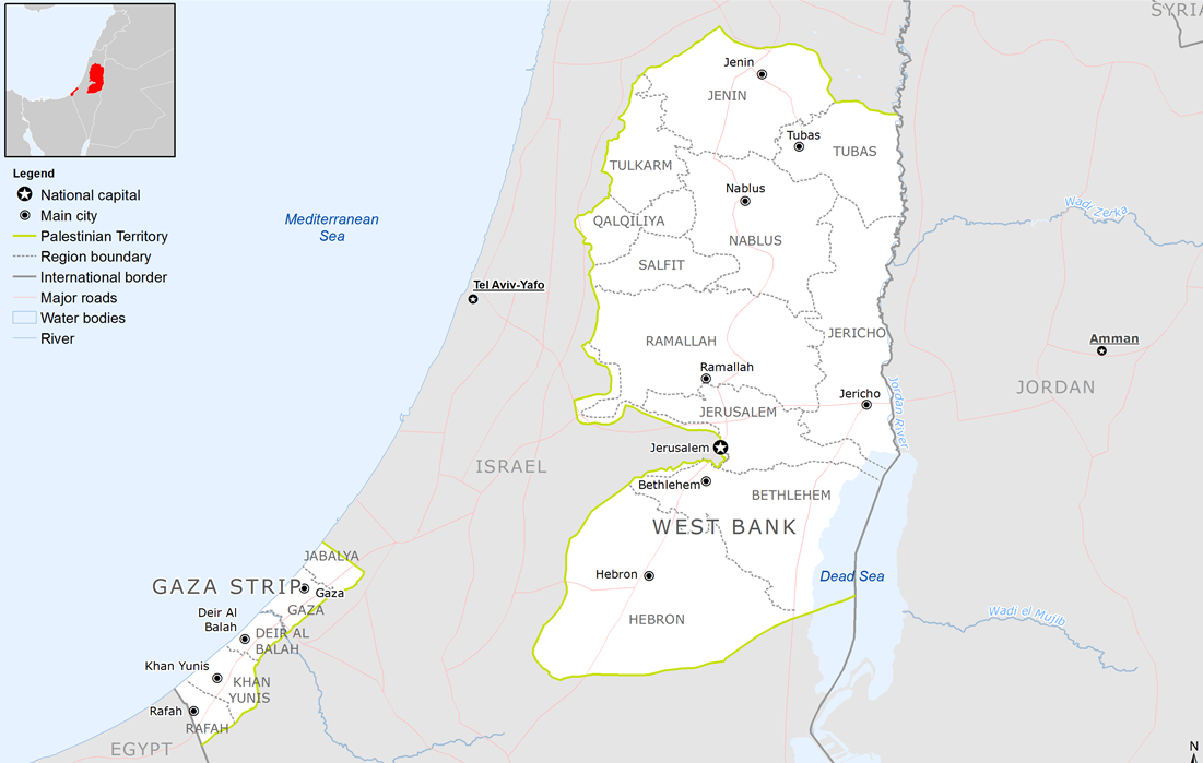 A base map of the Palestinian territories. The West Bank and the Gaza Strip are separated by Israeli territory with no direct connection between them, and the West Bank is further divided into areas of differing Palestinian and Israeli control under the Oslo Accords.