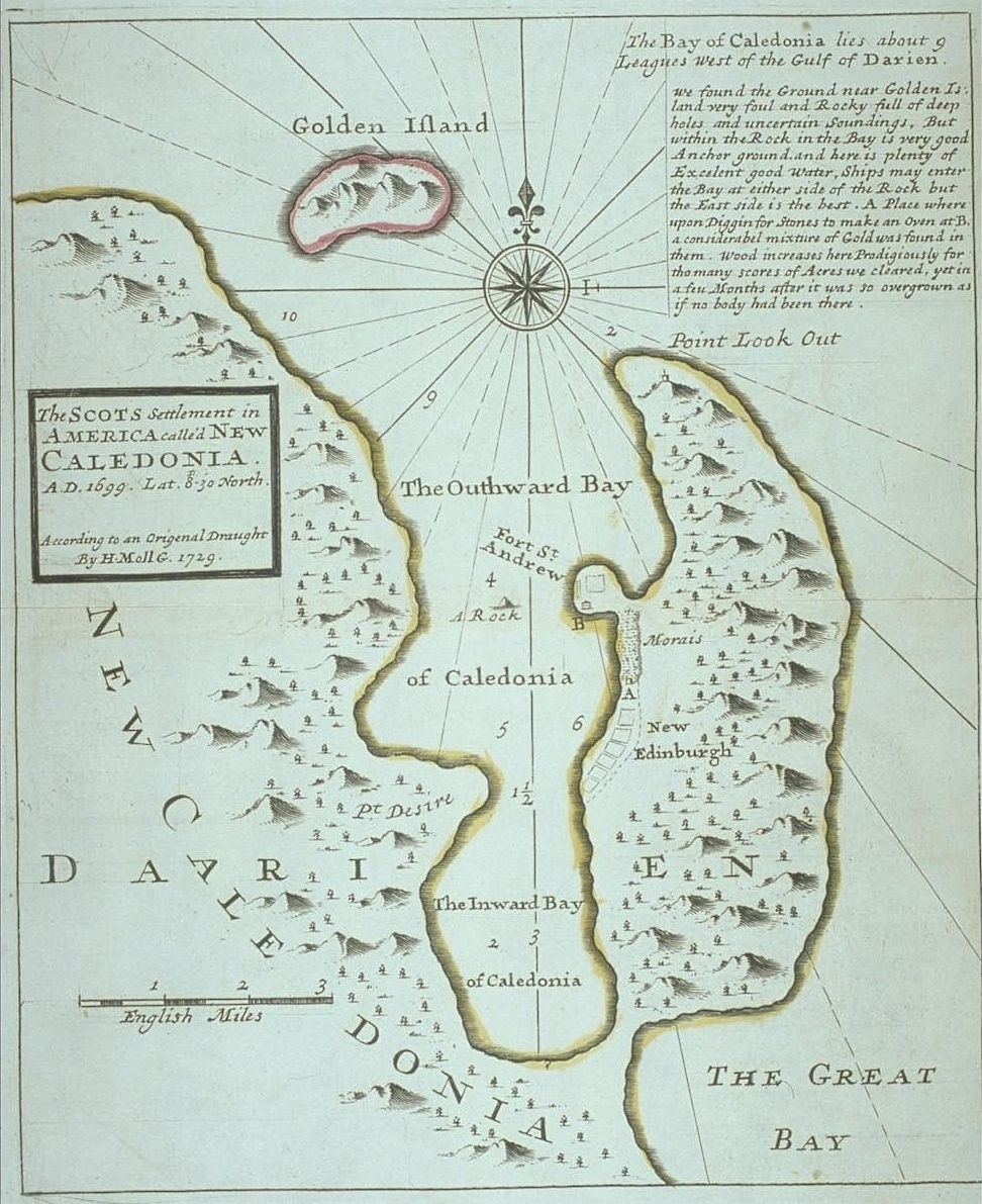 A depiction of New Caledonia, the ill-fated Scottish colony planted in the Darien in the 1690s. Its catastrophic failure, which ruined many Scottish investors, showed how the isthmus tempted and destroyed those who tried to command it.