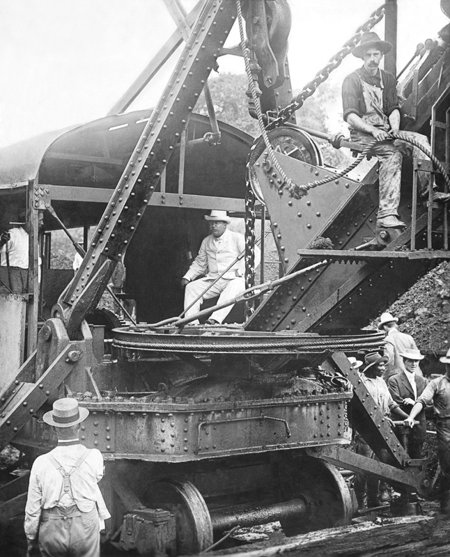 United States President Theodore Roosevelt at the controls of a steam shovel during the building of the Panama Canal. For most of the twentieth century the United States controlled the canal and the zone around it, a source of tension only resolved by the handover to Panama in 1999.