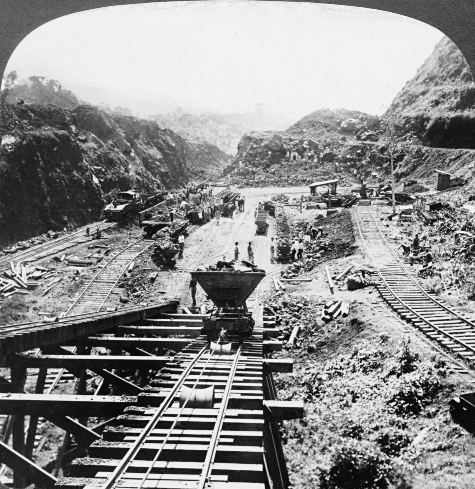The construction of the Panama Canal in 1907. After an earlier French effort failed with great loss of life, the United States completed the canal in 1914, a monumental feat that reshaped global trade.