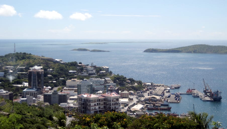 Port Moresby, the capital and largest city of Papua New Guinea, on the southern coast. Only a small share of the country's people live in towns; the great majority remain in rural communities across the highlands and islands.