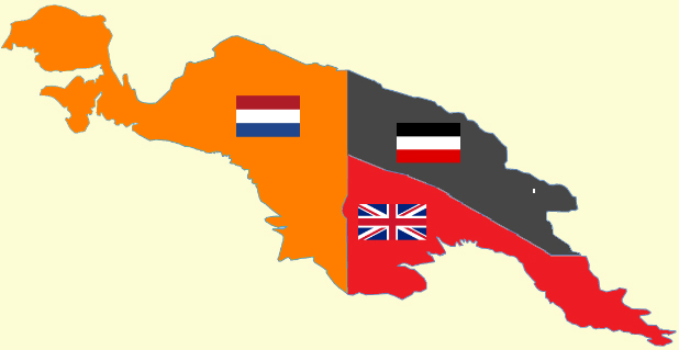 A map of eastern New Guinea under colonial rule, divided between a German north and a British south before both passed to Australian administration. The western half of the island became part of Indonesia.