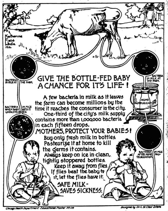 A public health poster from the campaign for clean milk. Infant mortality from milk-borne infection was severe, and the campaigns that reduced it took decades against organised resistance.
