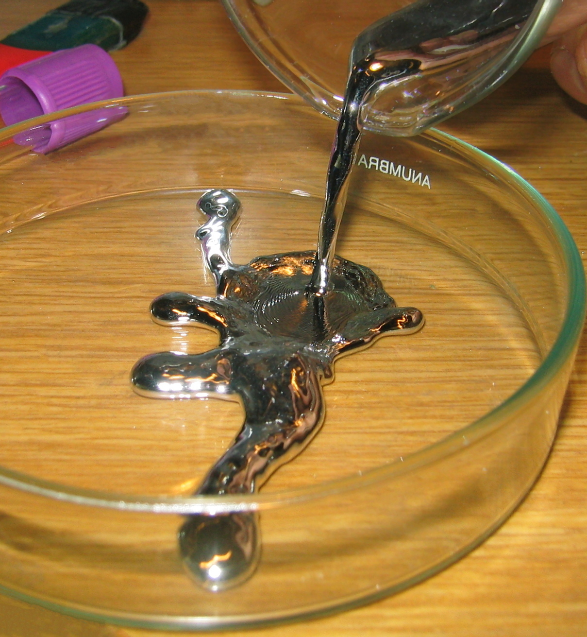 Liquid mercury, one of the elements catalogued in the periodic table.