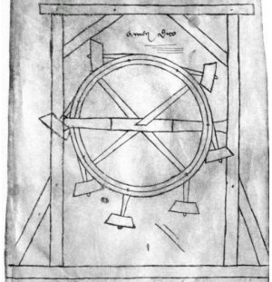 A medieval design for an "ever-turning" wheel, one of countless failed attempts.