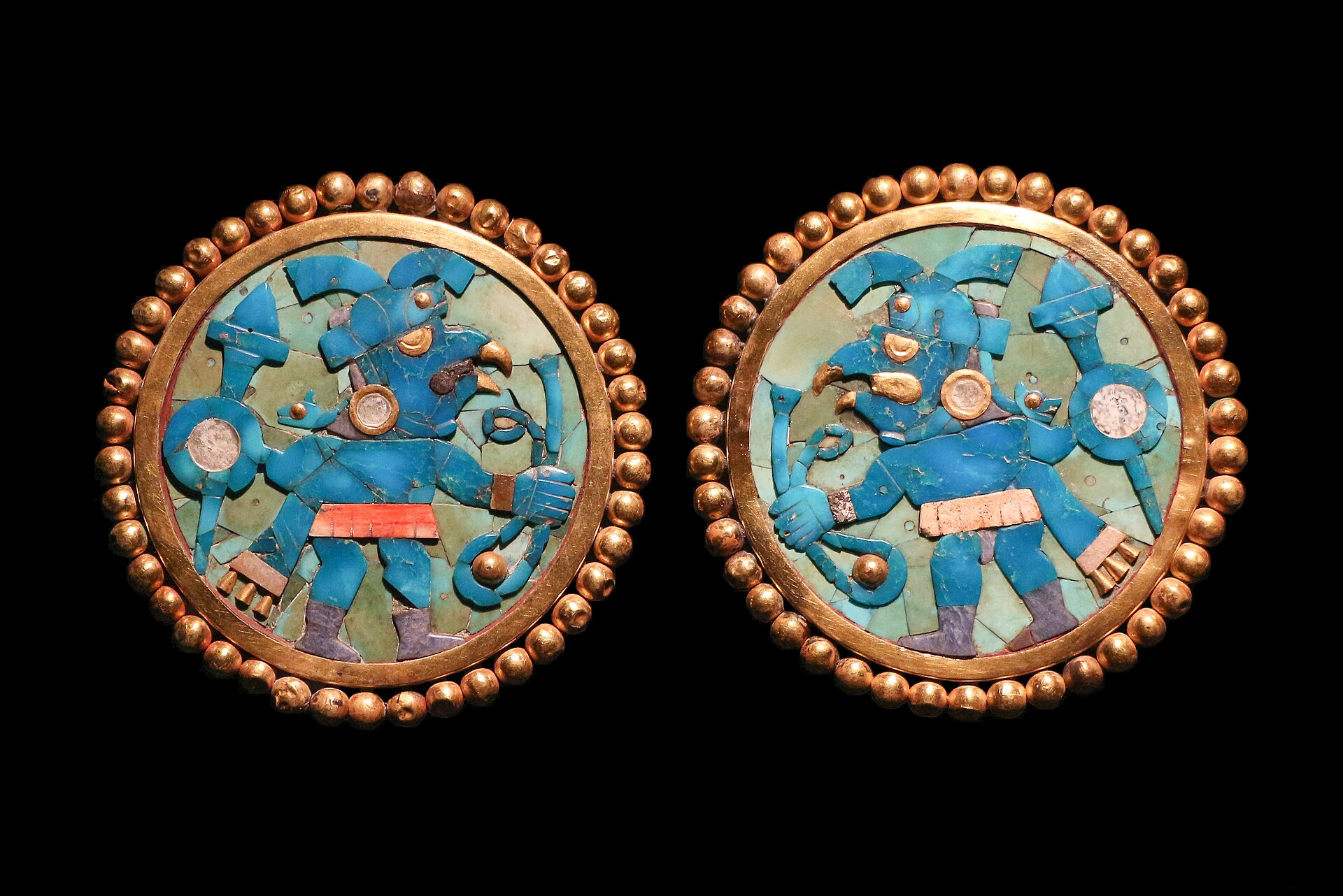 Gold and turquoise Moche ear ornaments, from a sophisticated culture that flourished on Peru's north coast.