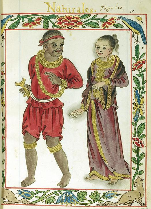 A Filipino noble couple as depicted in the Boxer Codex around 1590, in the early years of Spanish rule. The manuscript is one of the earliest illustrated records of the peoples of the islands.