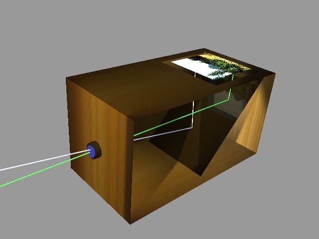 A camera obscura. Projecting an image through a small aperture was understood for centuries, and the difficulty was recording what it showed.