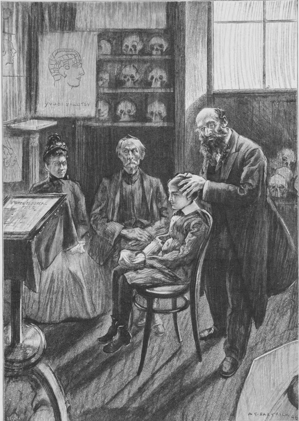 A nineteenth century sketch of a phrenologist reading a client's head.