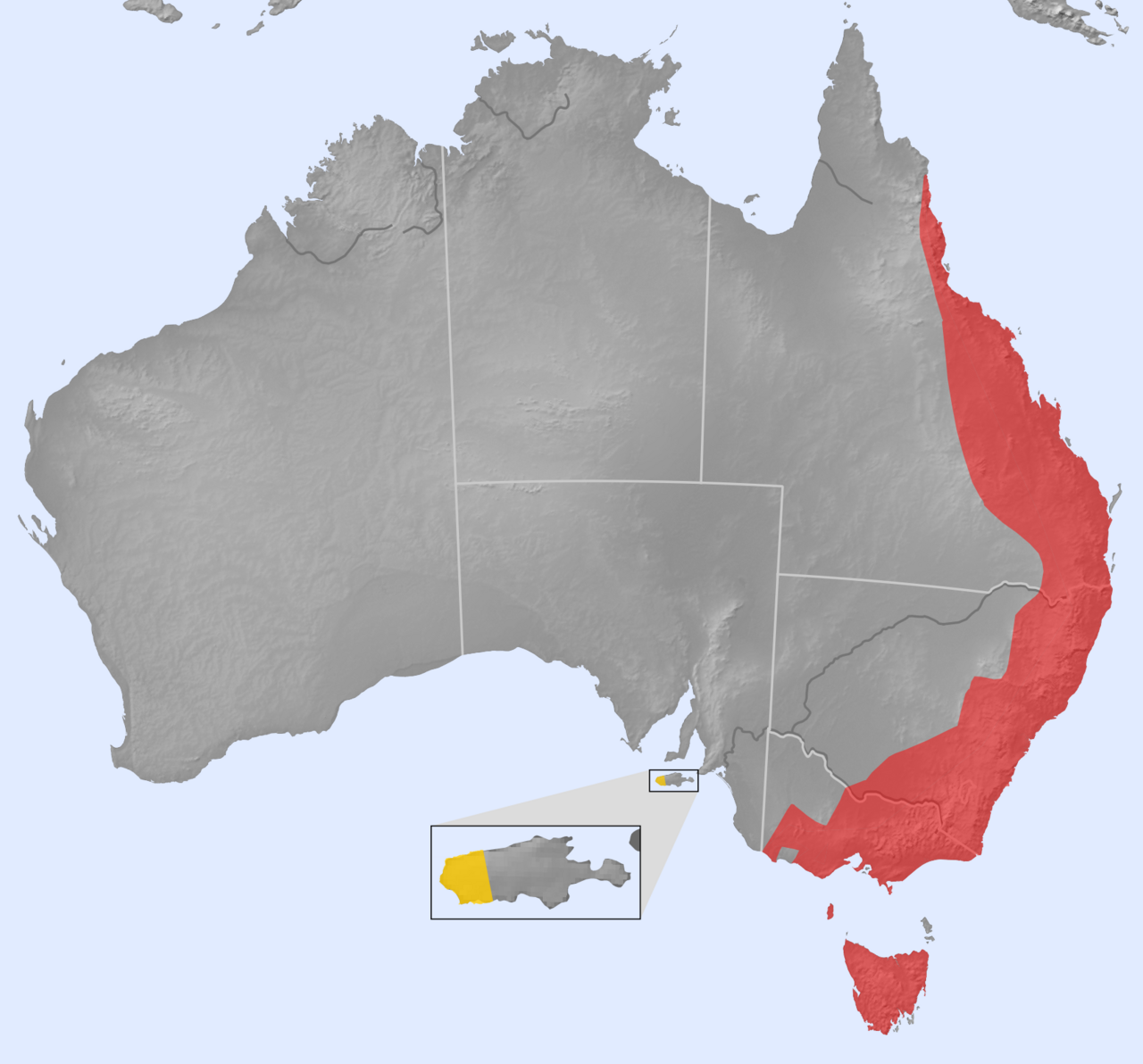 The distribution of the platypus, restricted to freshwater systems of eastern Australia and Tasmania.