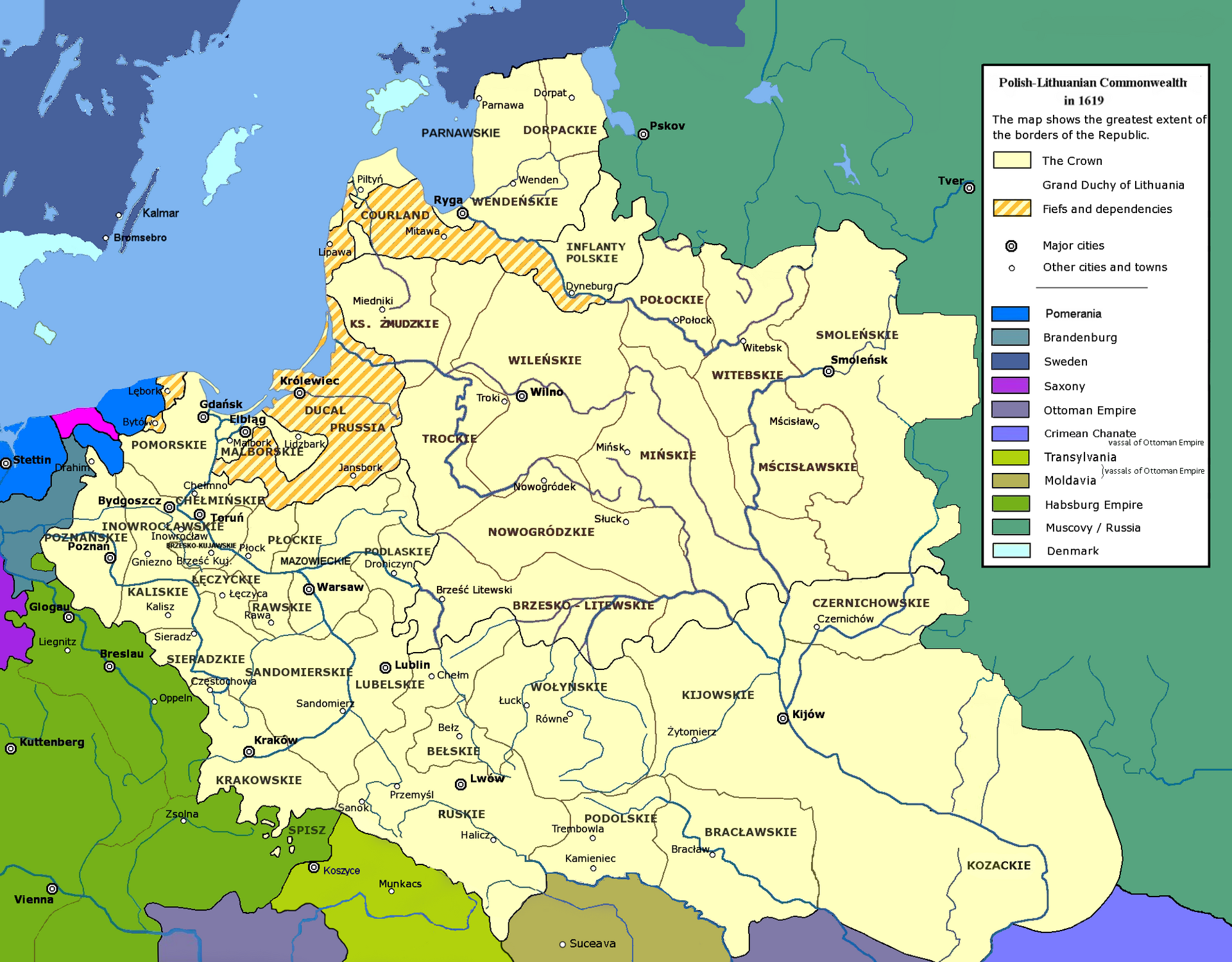 The Polish-Lithuanian Commonwealth at its greatest extent around 1619, one of the largest states in Europe.