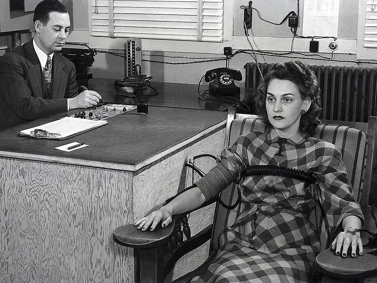 A polygraph examination during the Manhattan Project. Security screening has been one of the largest applications, and it is the setting where the technique performs worst.
