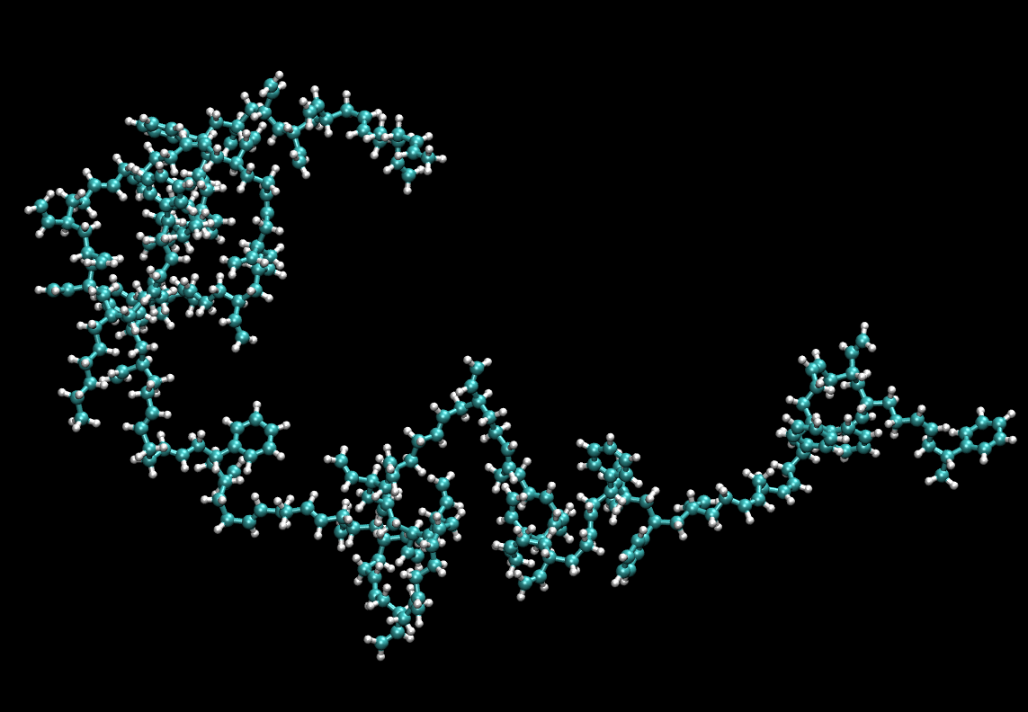 A copolymer chain combining two different monomers. Mixing units in one chain produces properties neither homopolymer has, which is how synthetic rubbers are designed.