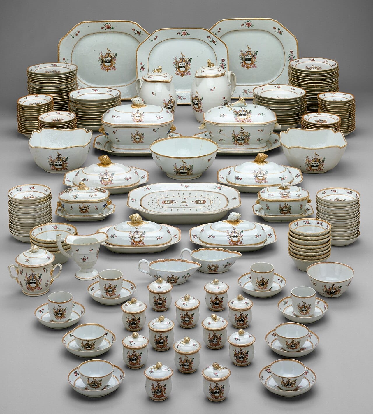 A European porcelain table service. Once the technique was mastered outside China, tableware became a mass-produced industrial product and a marker of status.