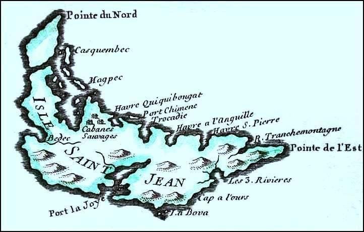 A 1744 map showing the island, then part of French Acadia, under its French name of Île Saint-Jean. Acadian settlers farmed the land before the British takeover.
