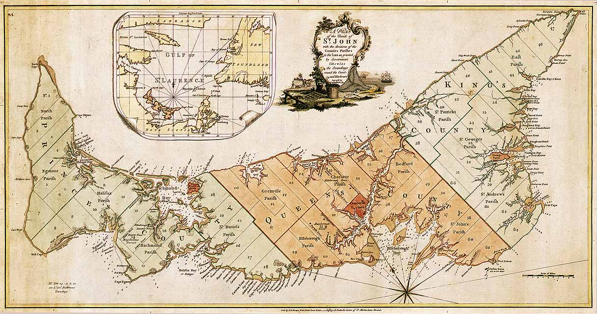 A 1775 map of Prince Edward Island, newly organised as a British colony. Its fertile red soil and sheltered harbours made it a small but thriving farming and shipbuilding society.