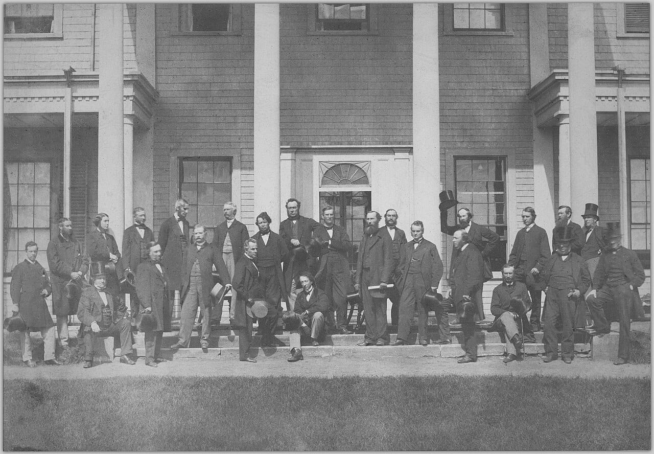 The delegates to the Charlottetown Conference of September 1864, where the leaders of the British North American colonies first discussed union. The meeting is why Prince Edward Island is called the birthplace of Confederation.