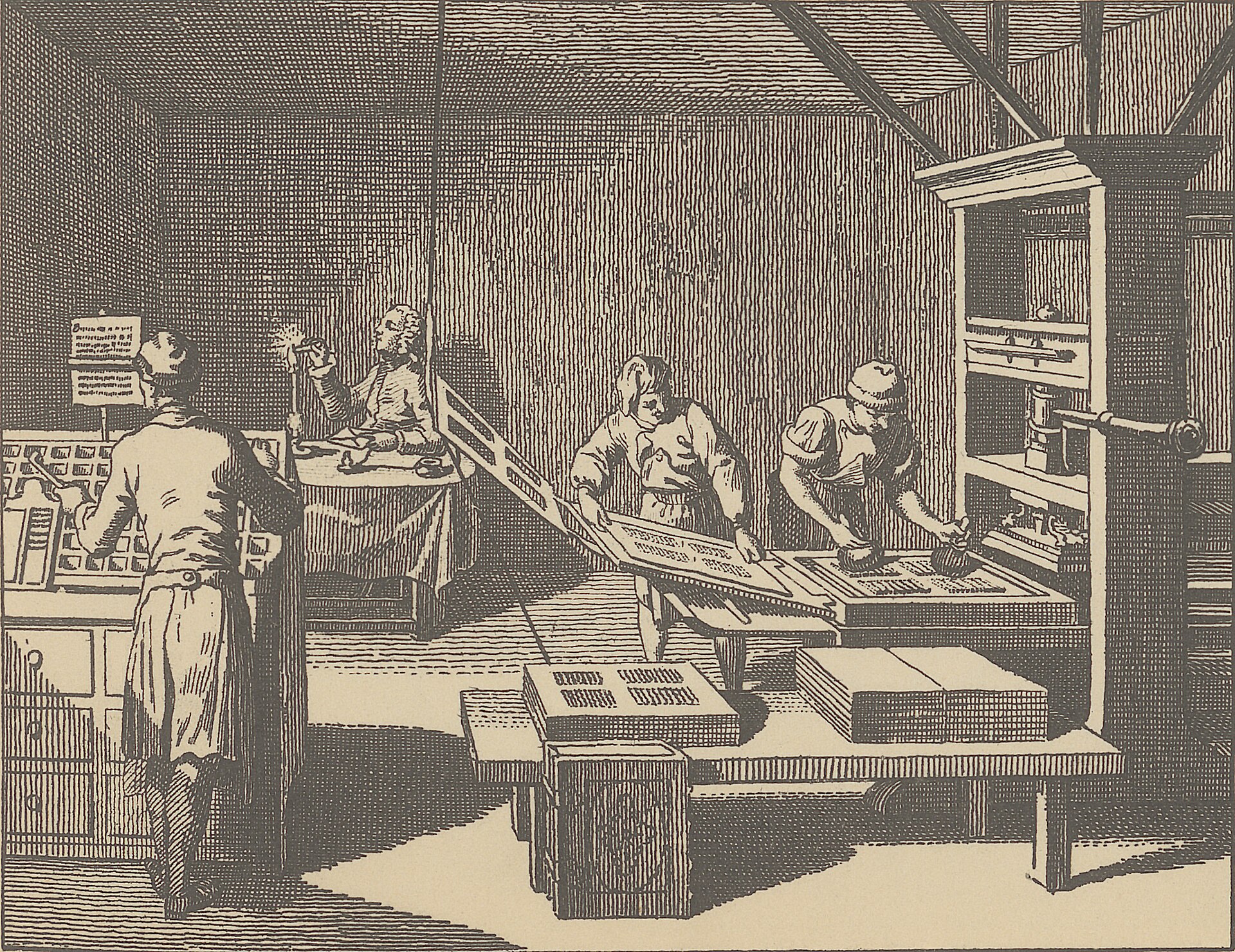 A reconstructed early print shop, where pages were set and pressed by hand.