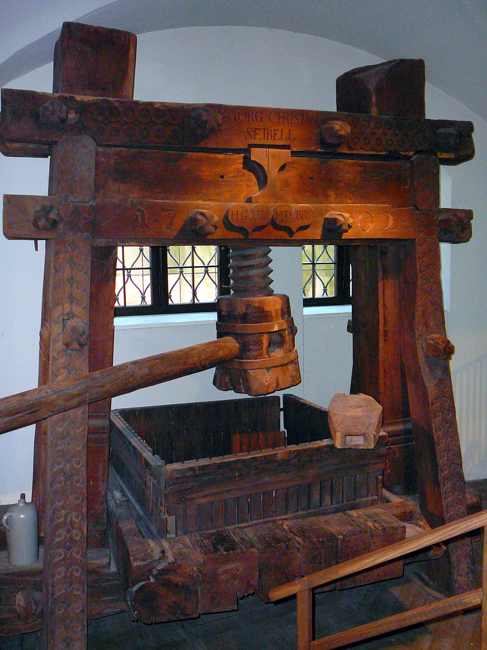 An early modern screw press of the kind Gutenberg's design was adapted from.