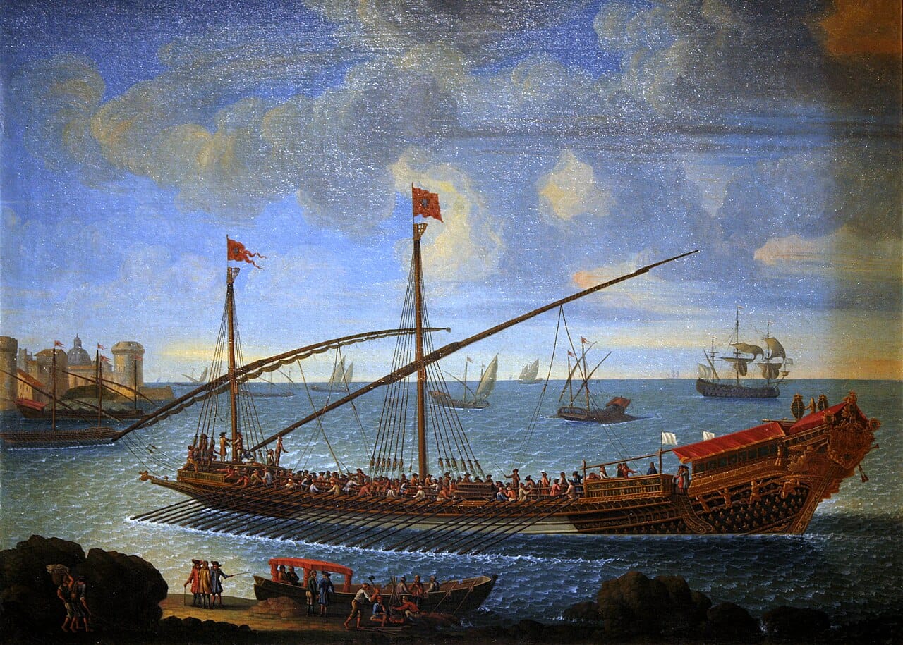 Galley service, in which convicts rowed under compulsion. Sentences to labour of this kind were widespread before imprisonment became the standard penalty.