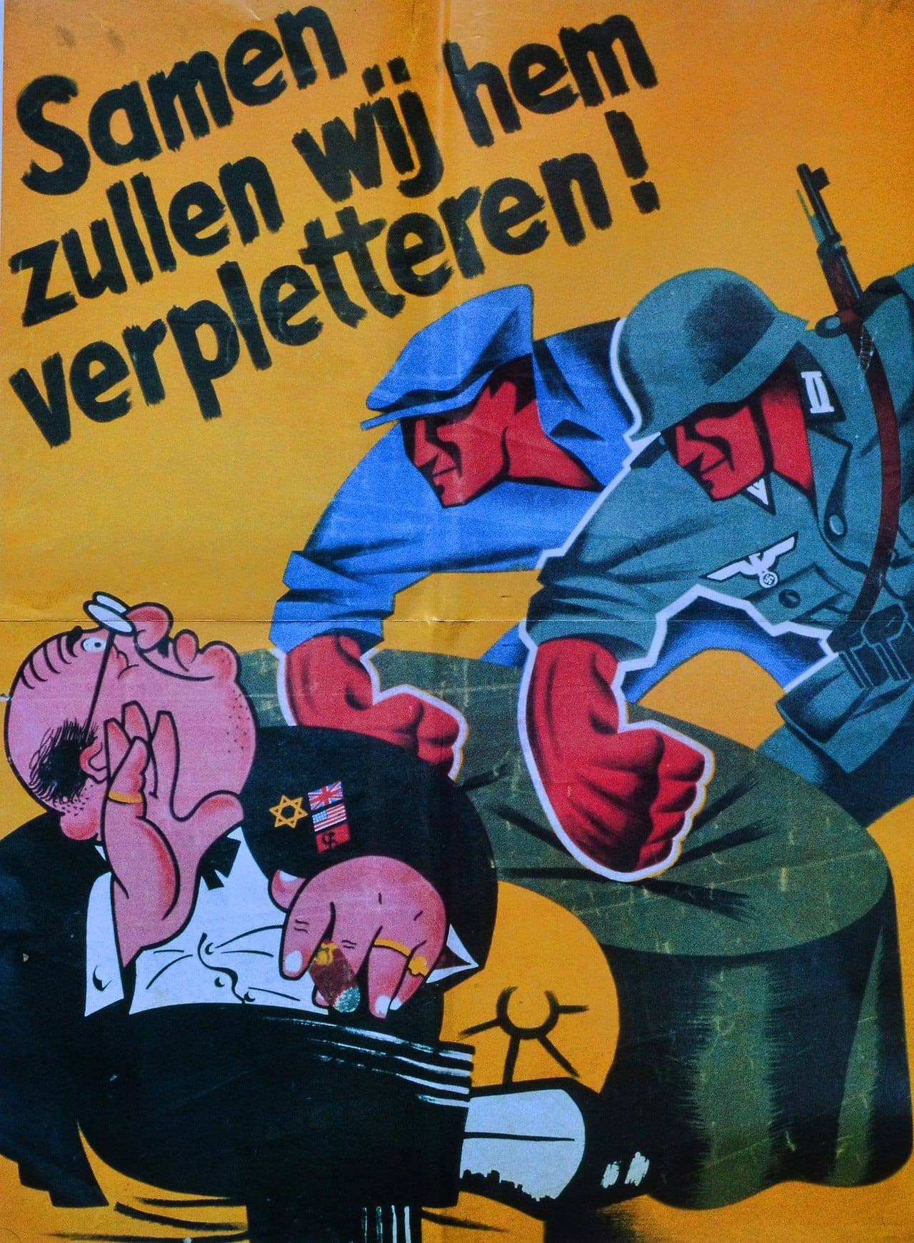 A wartime recruitment poster combining a heroic image with an antisemitic slogan. Dehumanising language attached to an appealing image is a recurrent structure.