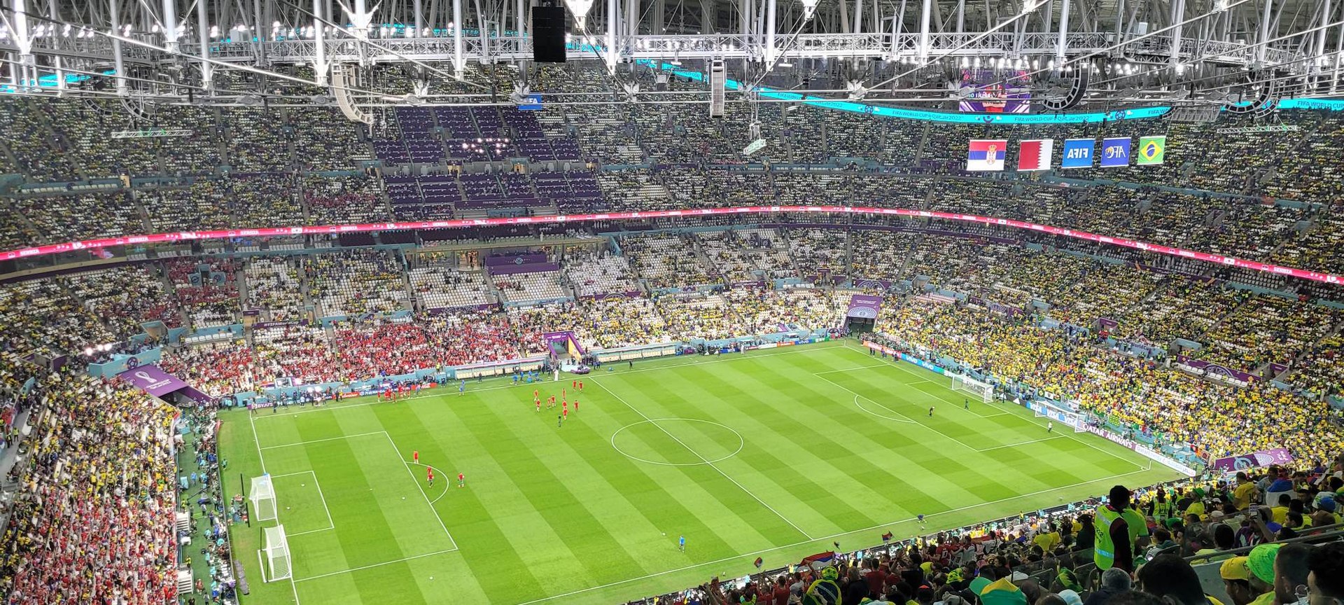 A match at Lusail Stadium during the 2022 football World Cup, the first held in the Arab world. The tournament showcased Qatar's wealth and ambition while drawing global attention to the workers who built its stadiums.