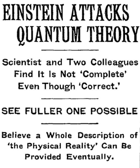 Article headline regarding the Einstein–Podolsky–Rosen (EPR) paradox paper, in the 4 May 1935 issue of The New York Times Credit: New York Times (Public domain).