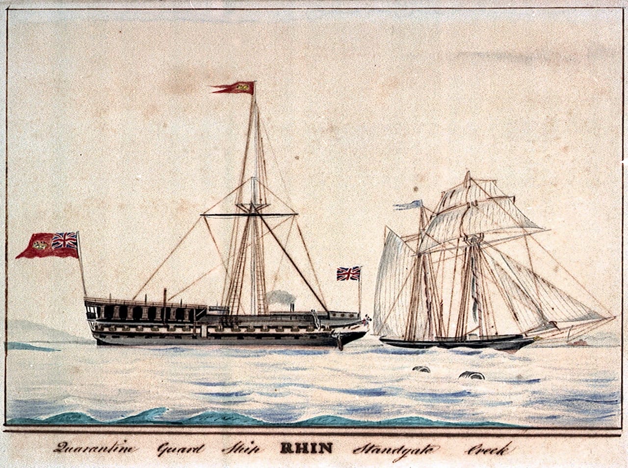 A quarantine guard ship. Vessels were held at anchor and boarded only after a set period had passed, enforcing the delay physically.