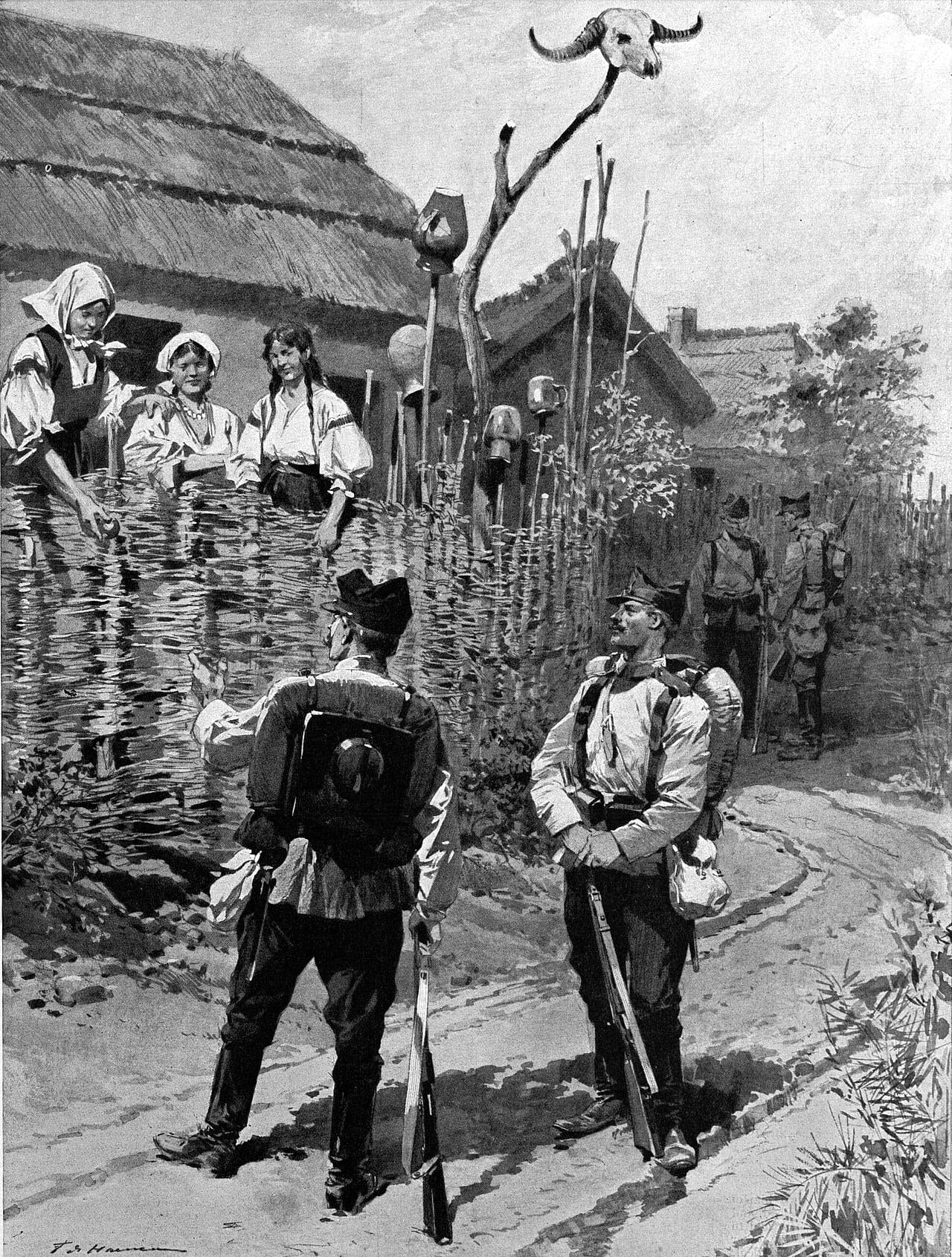 A village isolated during a cholera outbreak. Enforcement has frequently been resisted, particularly where the population did not accept the authorities' explanation of the disease.