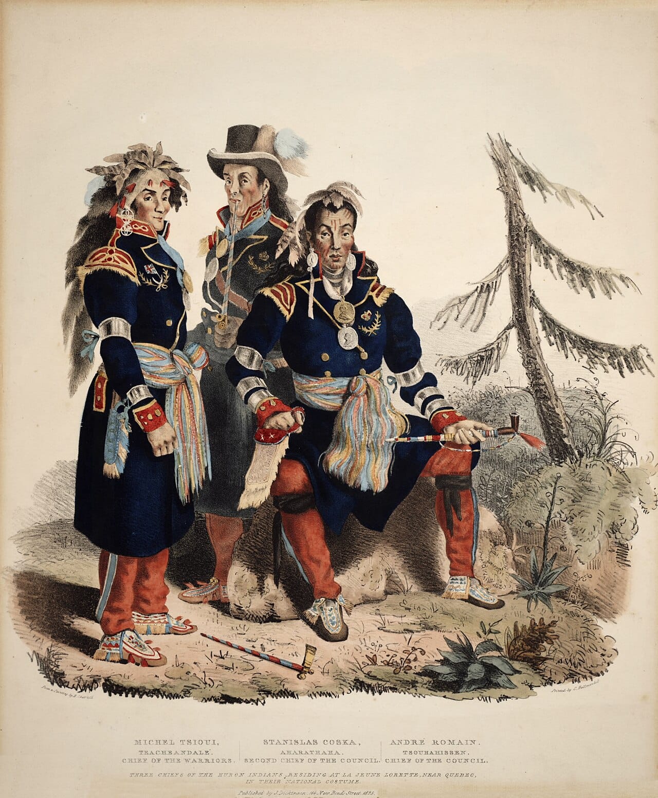 Three chiefs of the Huron-Wendat, one of the Indigenous nations of the St Lawrence and Great Lakes who traded and allied with the French. Indigenous peoples were central to the fur trade on which New France depended.