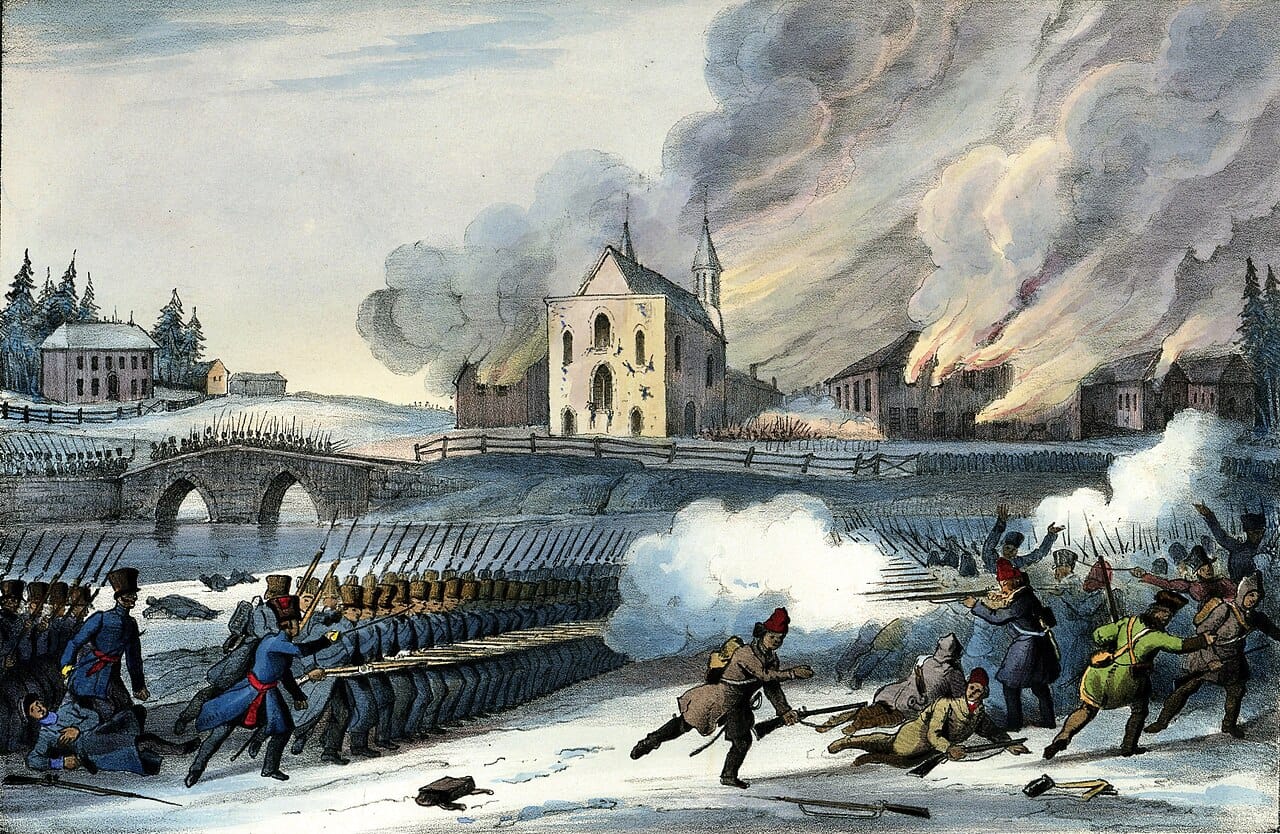 Patriotes at Saint-Eustache during the rebellions of 1837, when French Canadian reformers rose against British colonial rule. The uprising was crushed but left a lasting sense of national grievance.