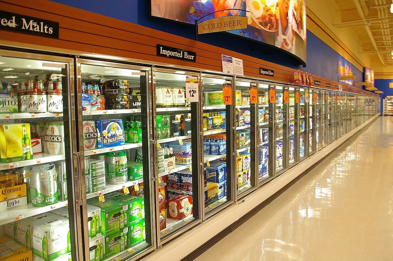 A refrigerated retail display. Continuous cold from producer to consumer is what made perishable food a year-round commodity.
