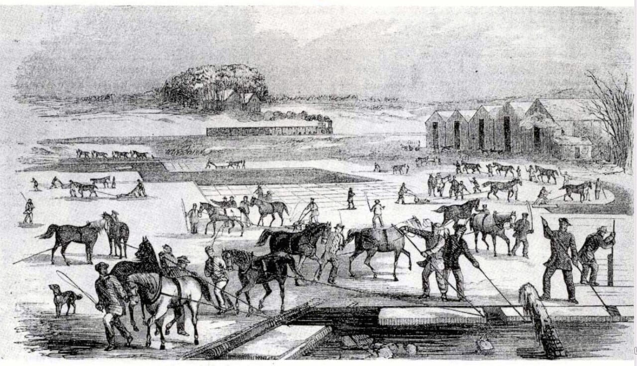 Ice harvesting in New England. Natural ice cut from lakes in winter and stored in insulated houses supplied a substantial international trade before mechanical refrigeration.