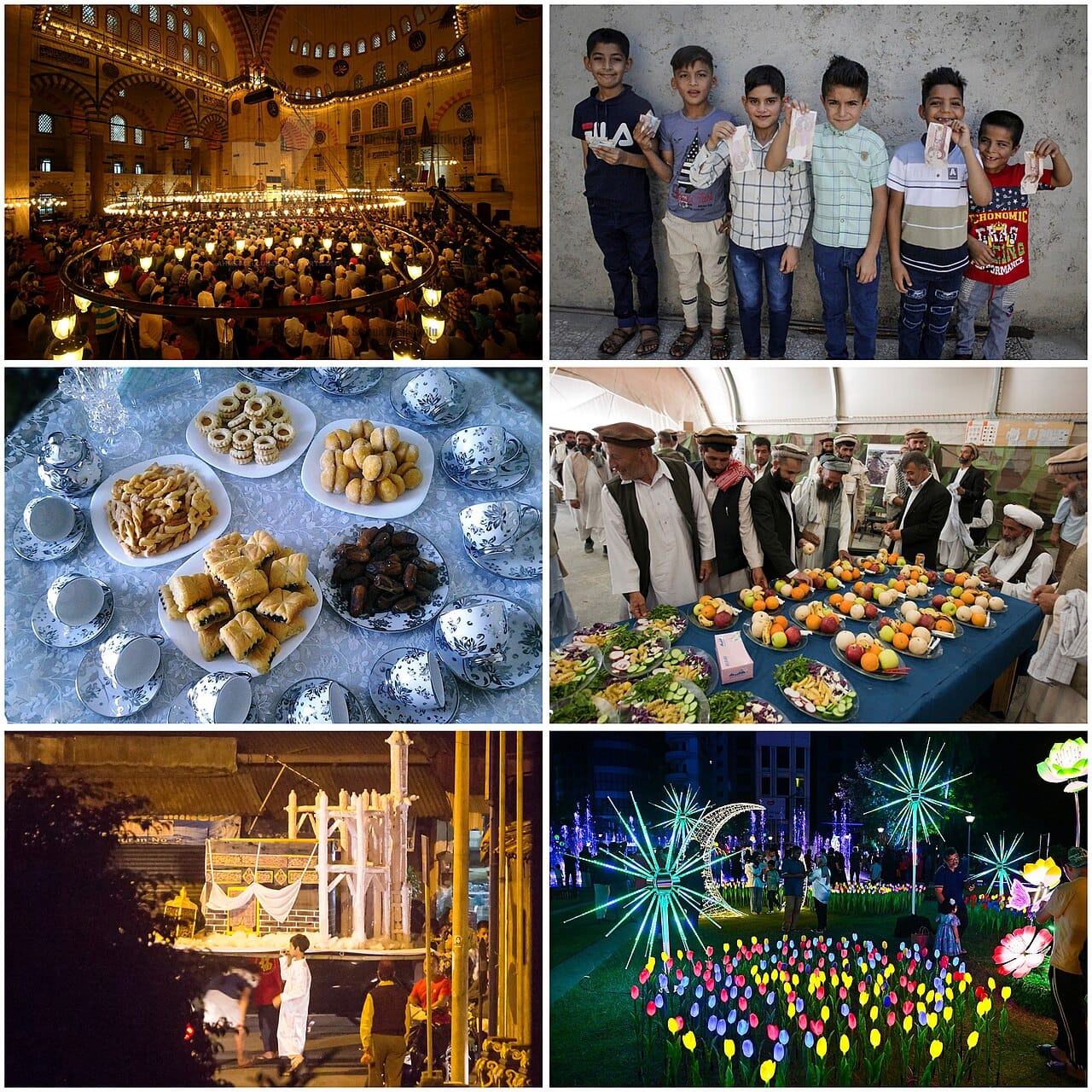 Eid al-Fitr, marking the end of Ramadan. Communal prayer and shared meals follow a month of fasting, which is a widespread structure of restriction followed by celebration.