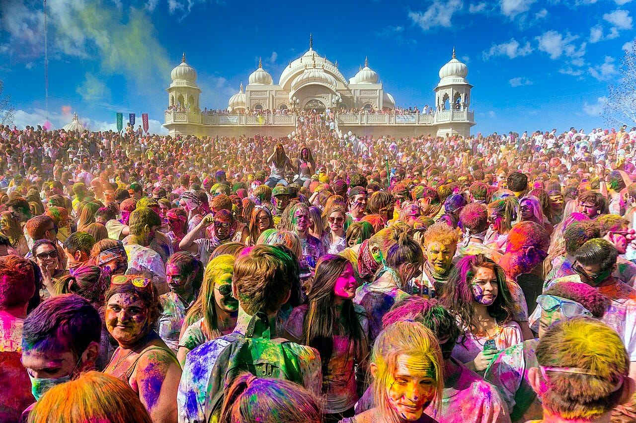 Holi, the Hindu festival of colours. Festivals mark points in a calendar and involve collective public participation rather than individual observance.