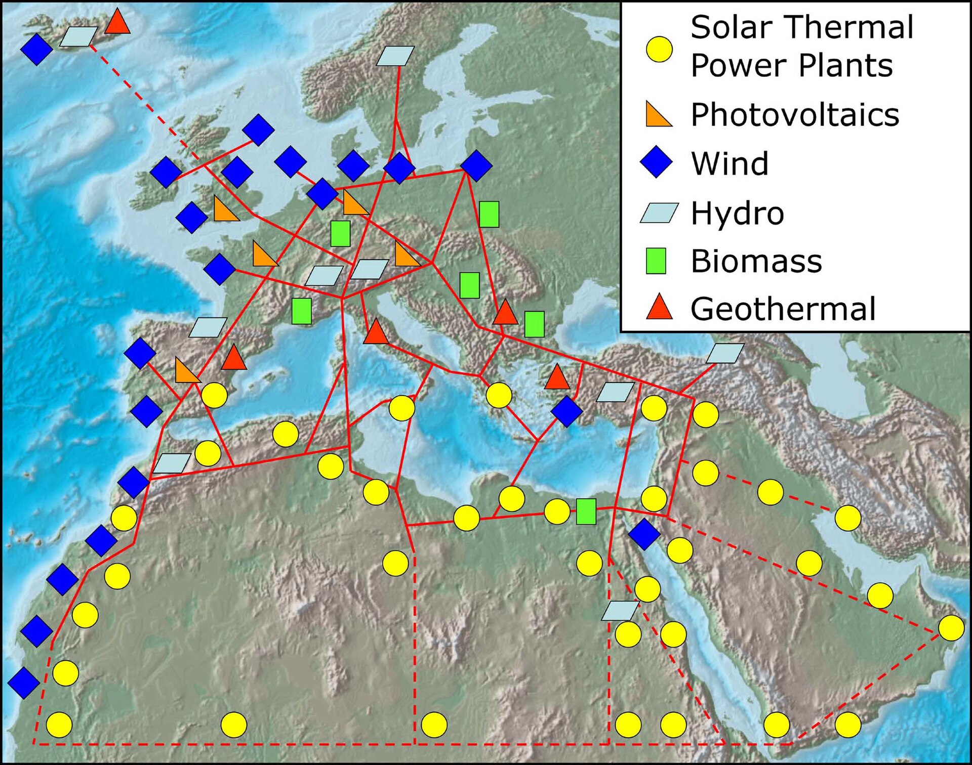 One conceptual plan of a super grid linking renewable sources across North Africa, the Middle East and Europe (DESERTEC)10 Credit: Trans-Mediterranean Renewable Energy Cooperation (CC BY-SA 2.5).