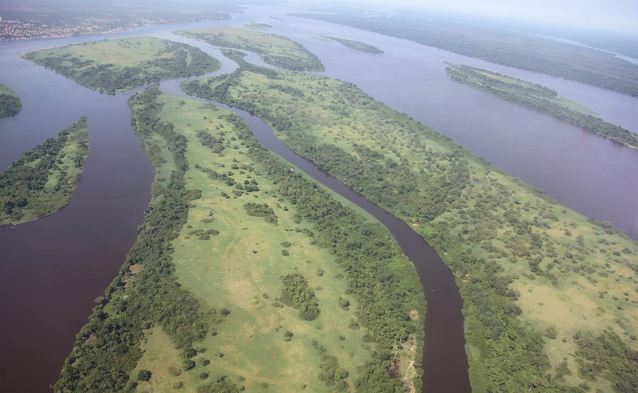 The Congo River, the great waterway of Central Africa and the second most powerful river in the world. It forms much of the country's eastern border, and the capital, Brazzaville, sits on its bank facing Kinshasa across the water.